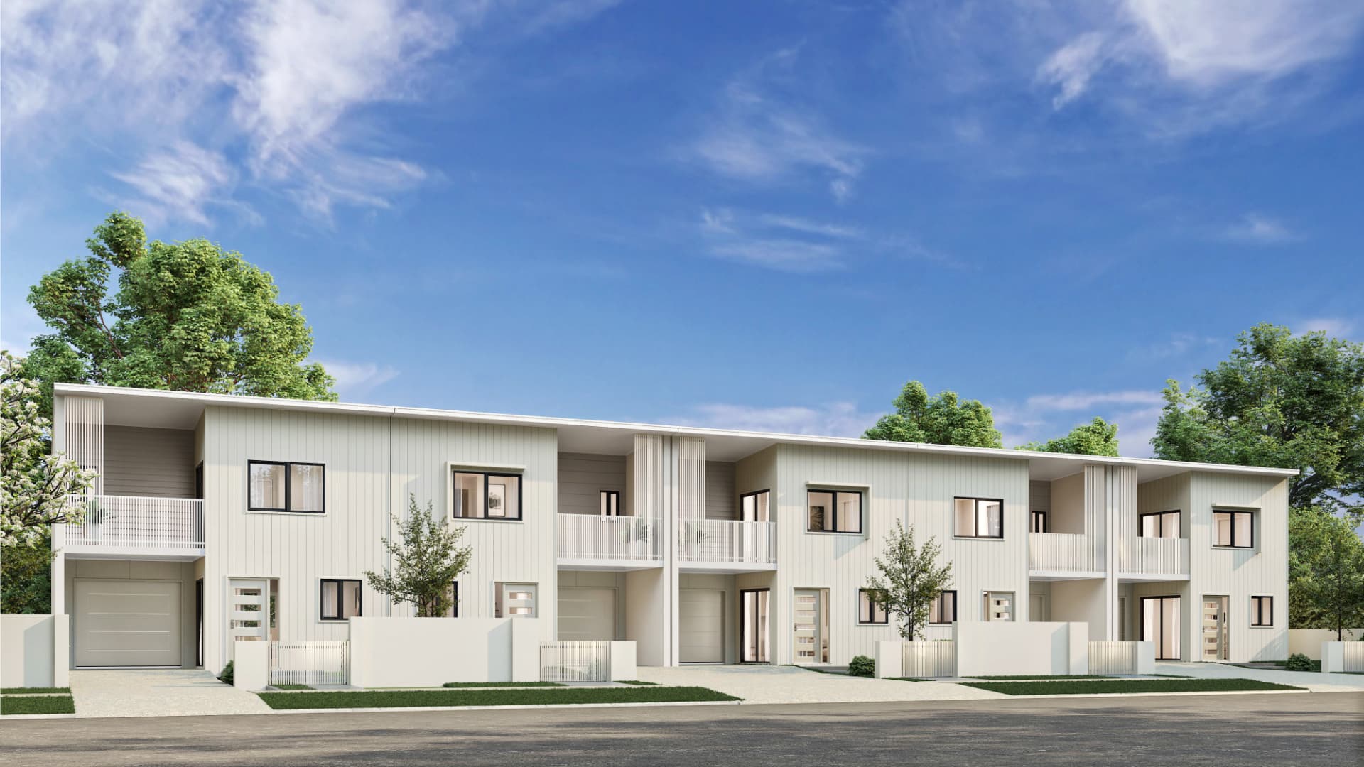 Render of attached two-storey terrace dwellings in a single row with private balconies