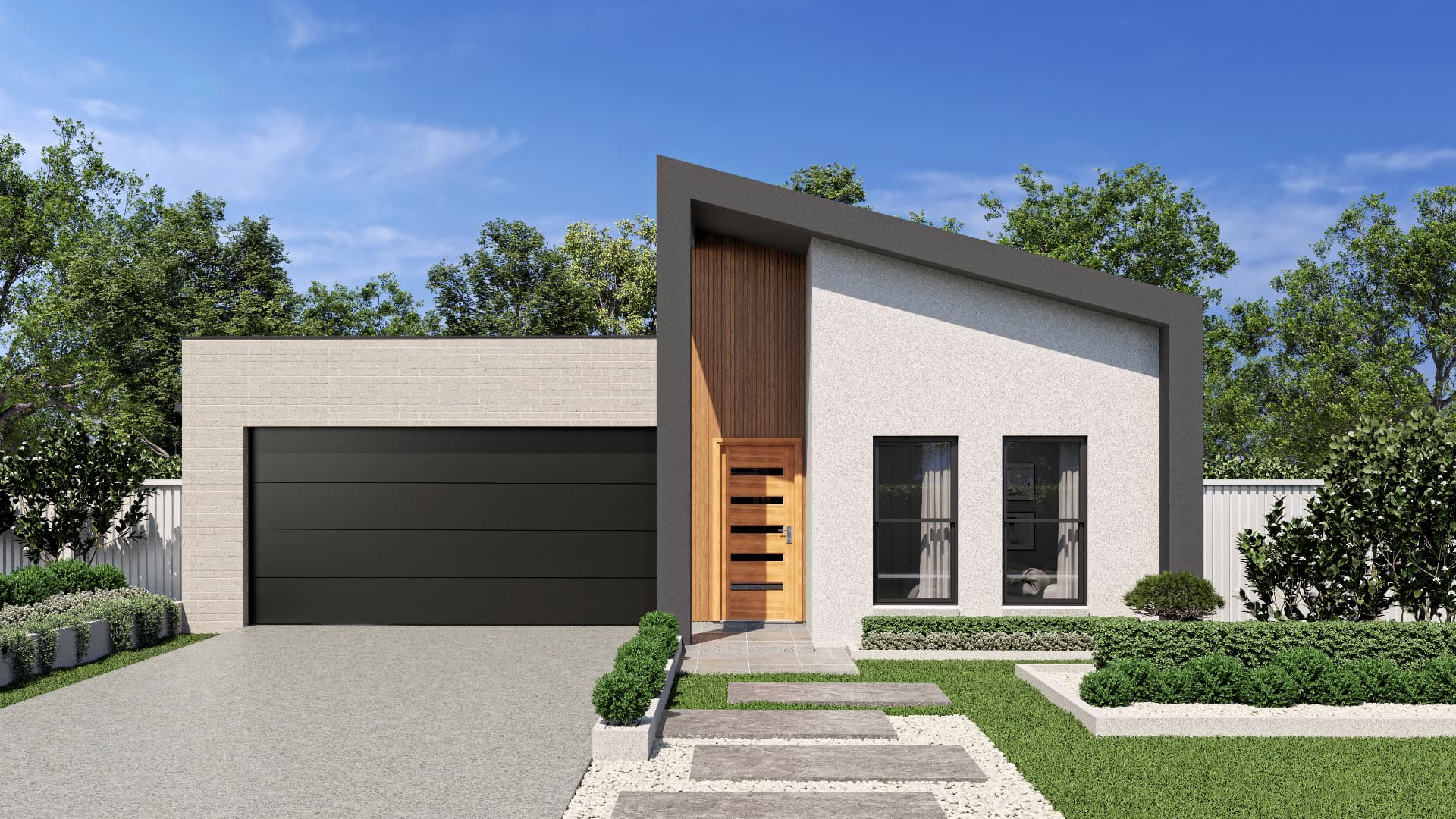 Concept illustration of a modern skillion-roof home with a timber-look entry recess