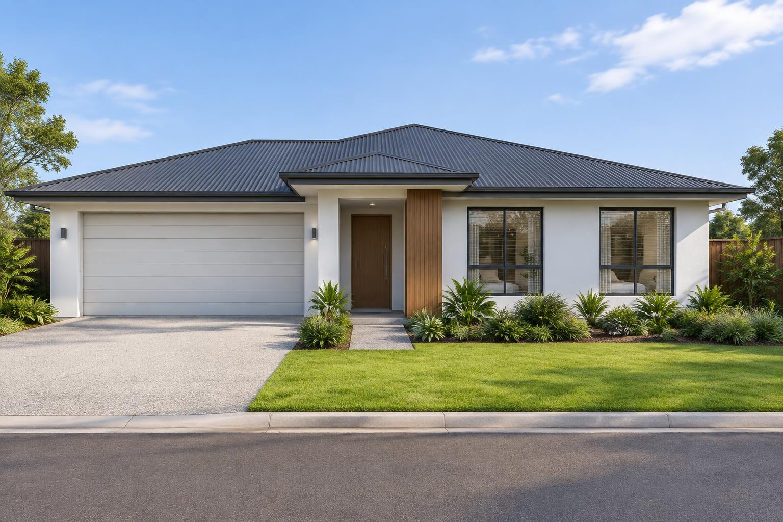 Concept illustration of a single-storey home with light render and a timber-look entry