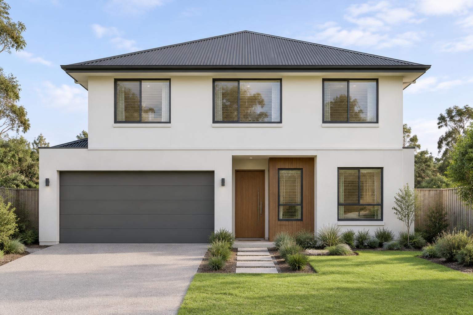 Concept illustration of a two-storey home with a balanced facade and sheltered entry
