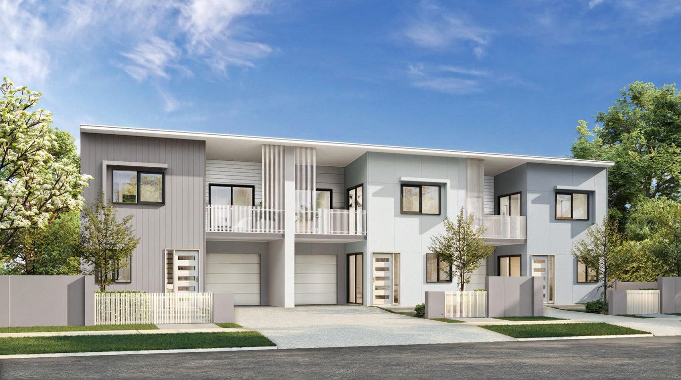 Concept illustration of three attached two-storey terrace dwellings with private balconies
